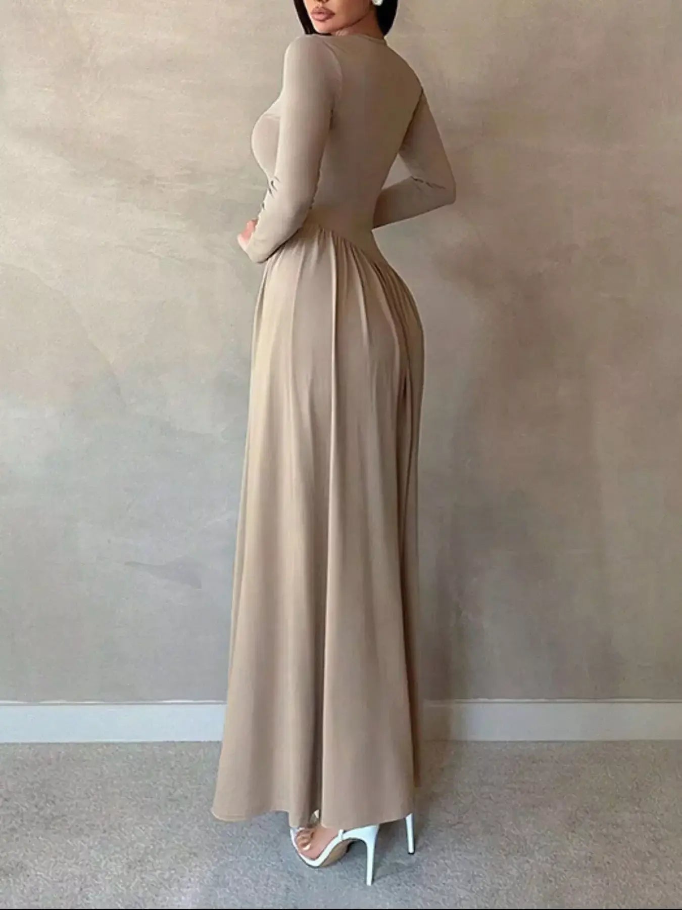 Long Sleeve Ruched A-Line Maxi Dress - Trendsi - Flyclothing LLC