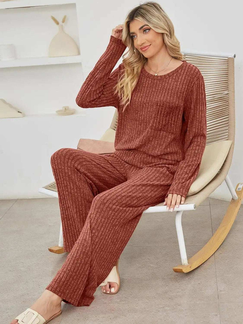 Round Neck Long Sleeve Top and Pants Set - Trendsi - Flyclothing LLC