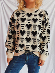 Heart Contrast Long Sleeve Dropped Shoulder Sweater - Trendsi