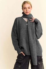 Davi & Dani V-Neck Dropped Shoulder Sweater with Scarf Set - Trendsi