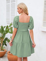 Swiss Dot Smocked Square Neck Dress - Trendsi - Flyclothing LLC