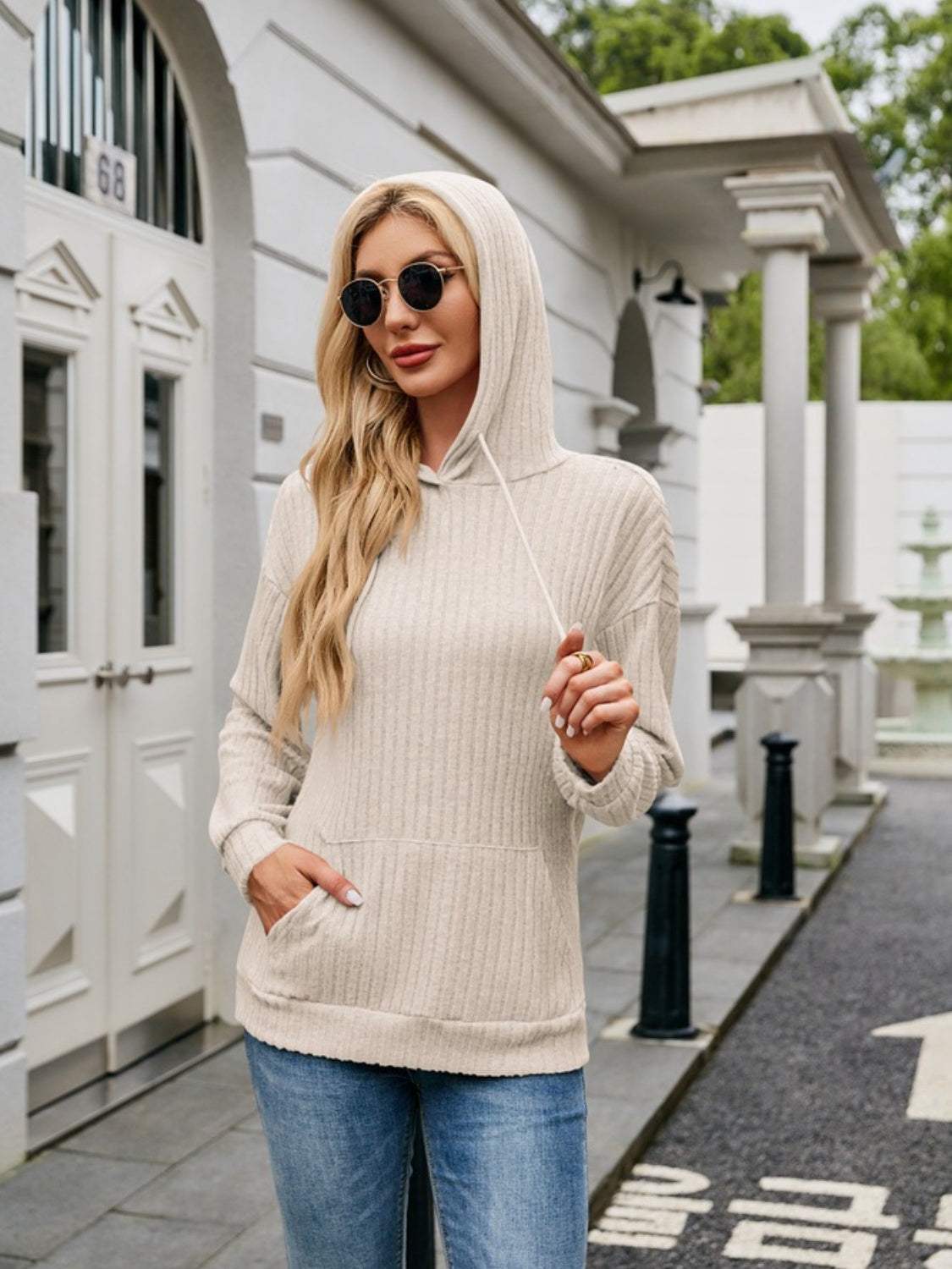 Ribbed Drawstring Long Sleeve Hoodie - Trendsi - Flyclothing LLC