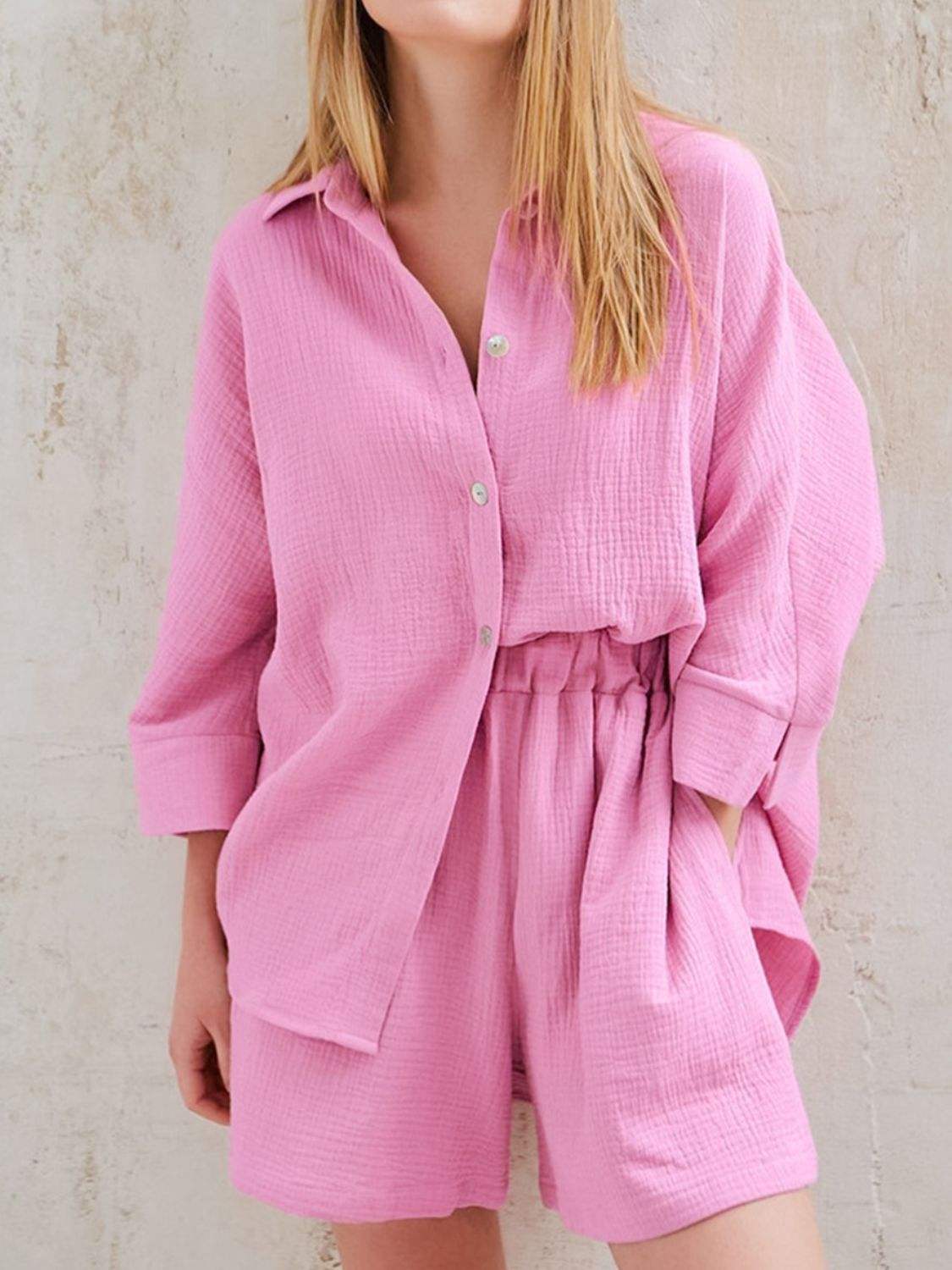 Texture Button Up Shirt and Shorts Set - Trendsi - Flyclothing LLC