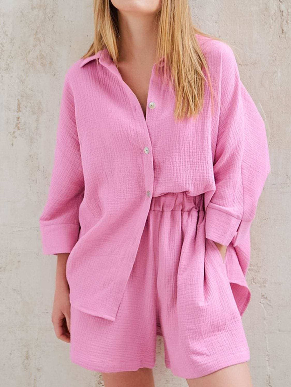 Texture Button Up Shirt and Shorts Set - Trendsi - Flyclothing LLC