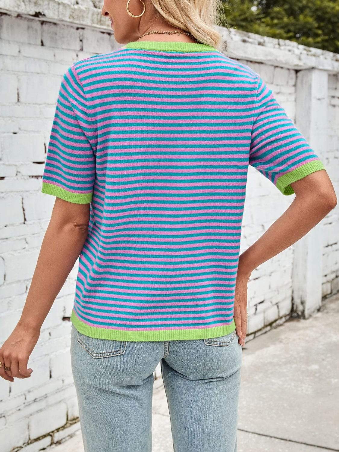 Lovelet Striped Contrast Round Neck Half Sleeve Knit Top - Trendsi - Flyclothing LLC