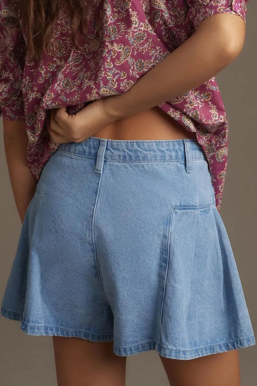Pleated Patchwork Panel Lightweight Denim Shorts - Trendsi - Flyclothing LLC