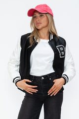 Love Me Now PU Leather Contrast Snap Down Bomber Jacket - Trendsi