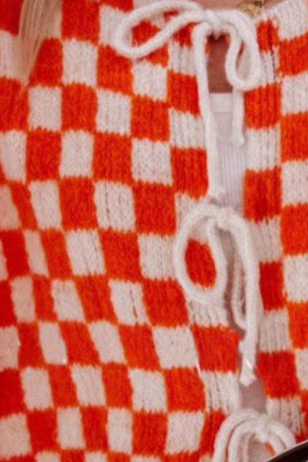 Double Take Tied Checkered Dropped Shoulder Flounce Sleeve Cardigan - Trendsi - Flyclothing LLC