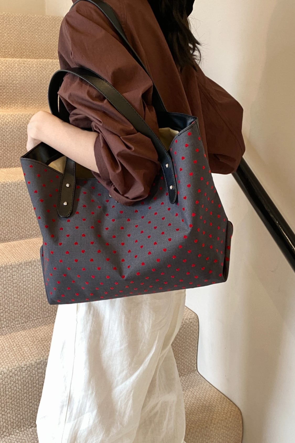 Polyester Bow Polka Dot Tote Bag - Trendsi