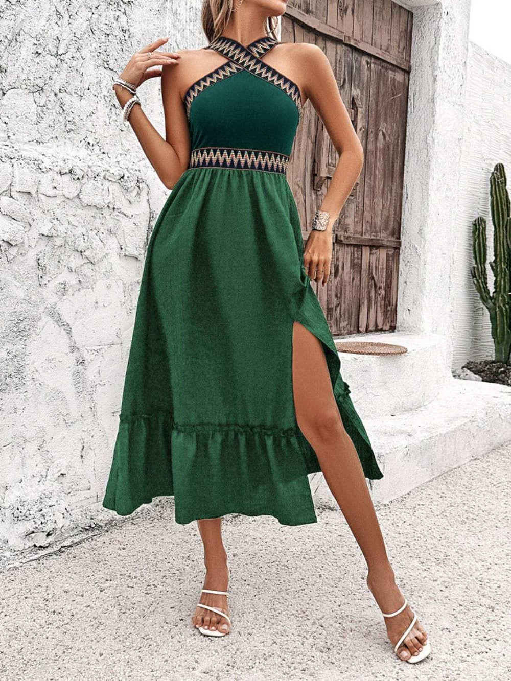 Devine Ruffled Slit Sleeveless Midi Dress - Trendsi - Flyclothing LLC