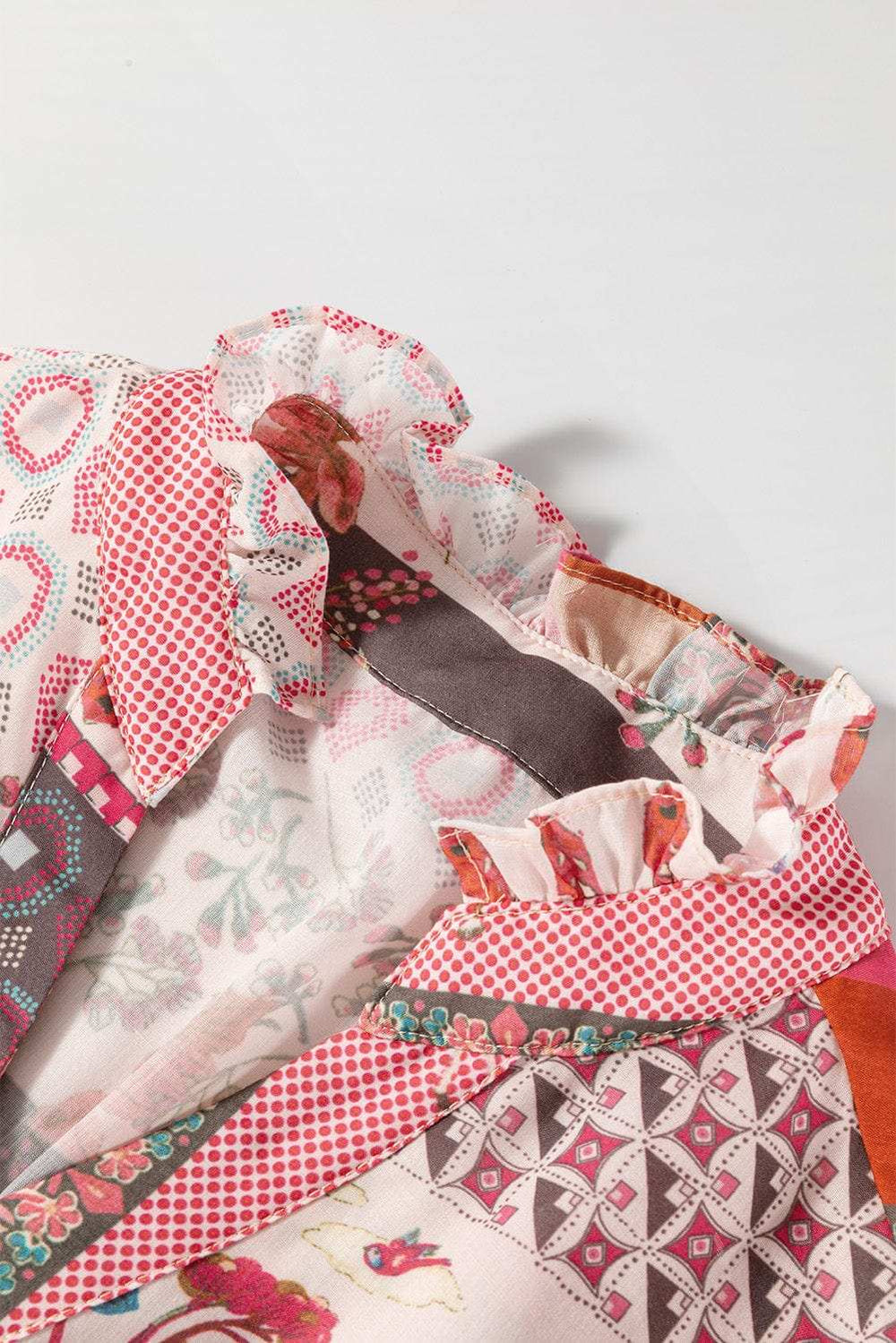 Patchwork Printed Notched Flounce Sleeve Shirt - Trendsi - Flyclothing LLC