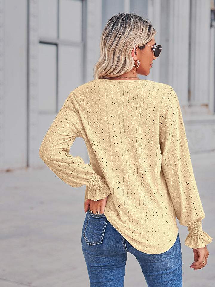 V-Neck Eyelet Flounce Sleeve Blouse - Trendsi - Flyclothing LLC