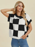 Double Take Full Size Checkered Round Neck Short Sleeve Sweater - Trendsi