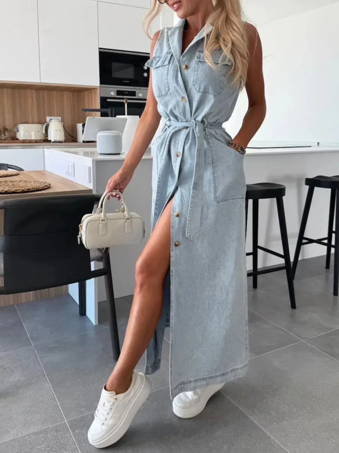 Button Front Sleeveless Denim Dress - Trendsi - Flyclothing LLC