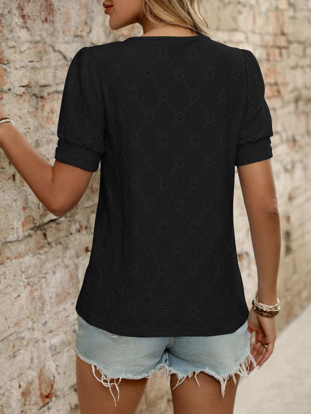 Eyelet Round Neck Short Sleeve Top - Trendsi - Flyclothing LLC