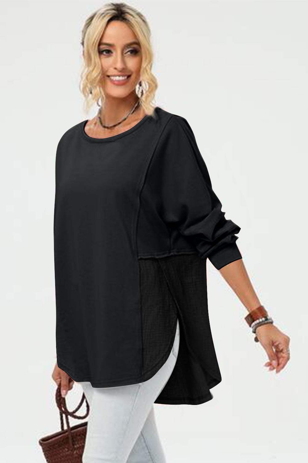 Double Take Full Size Long Sleeve High-Low T-Shirt - Trendsi - Flyclothing LLC