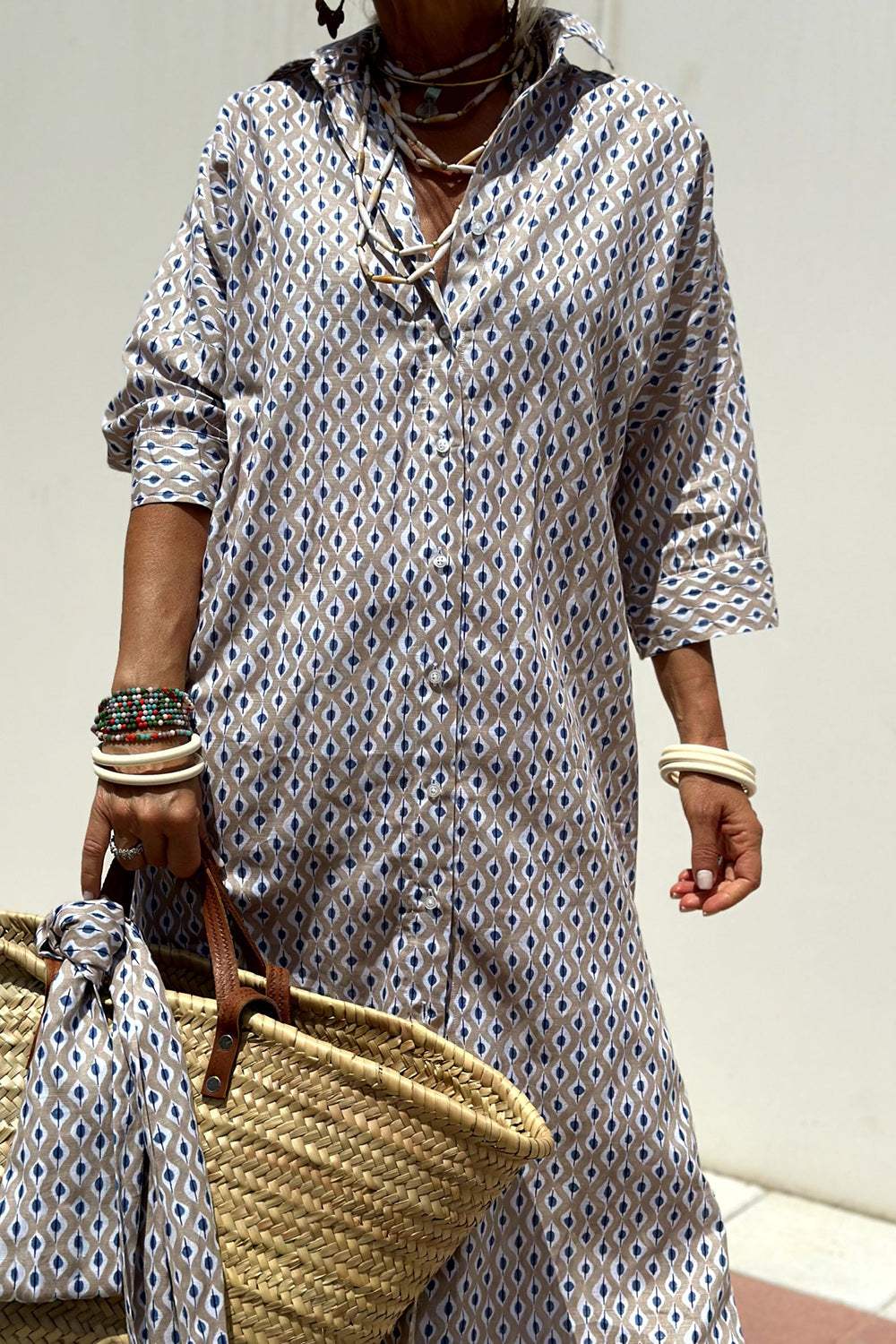 Tied Button Up Three-Quarter Sleeve Dress - Trendsi - Flyclothing LLC