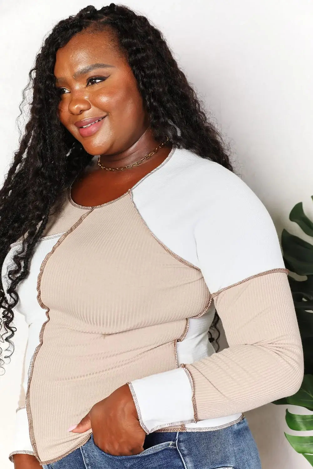 Double Take Color Block Exposed Seam Top - Trendsi - Flyclothing LLC
