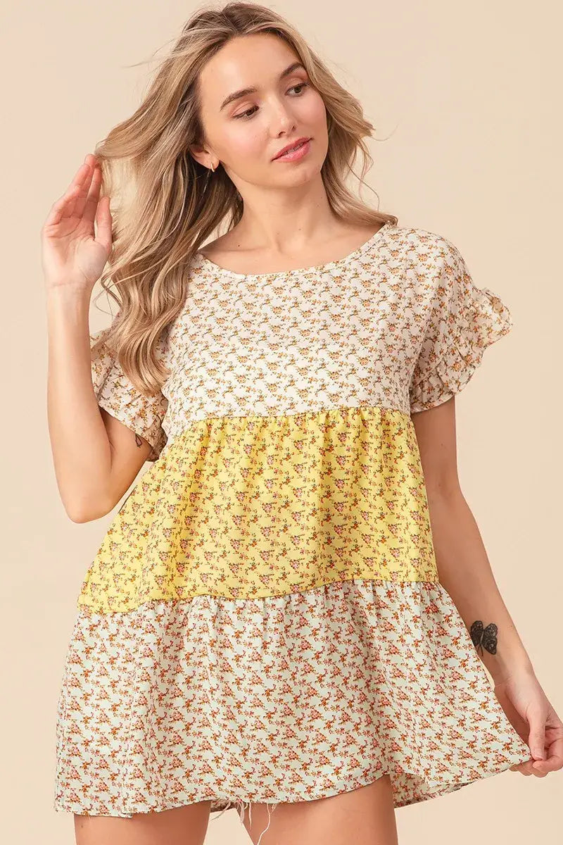 BiBi Flroal Printed Woven Color Block and Tiered Top - Trendsi - Flyclothing LLC