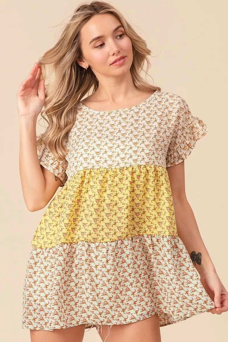 BiBi Flroal Printed Woven Color Block and Tiered Top - Trendsi - Flyclothing LLC
