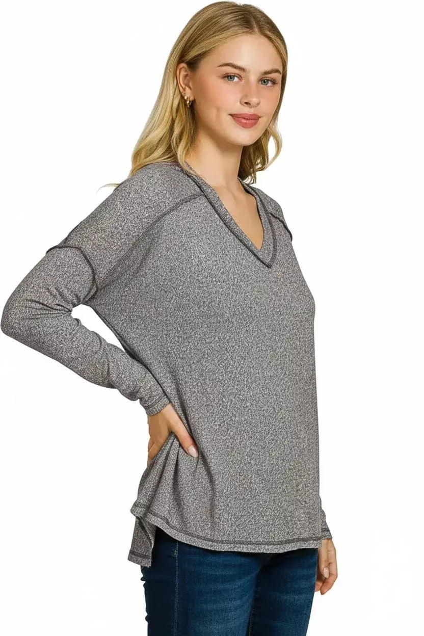 Zenana Soft Melange Hacci Exposed Seam Hi-low Tee - Trendsi - Flyclothing LLC