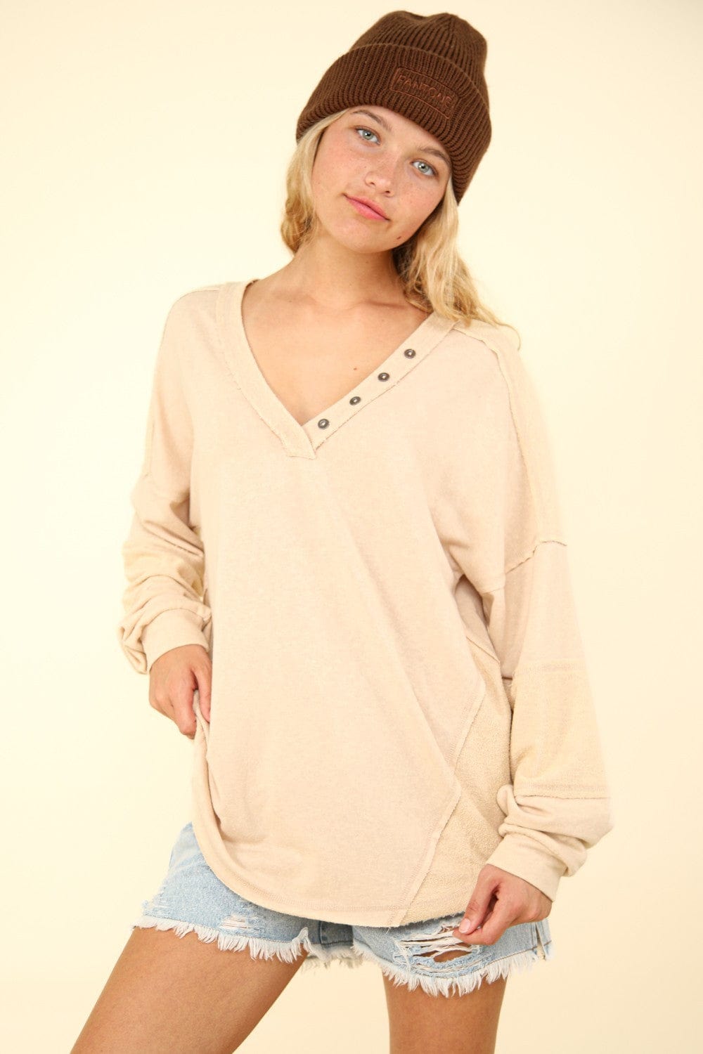 VERY J Washed V-Neck Exposed Seam Knit Top - Trendsi