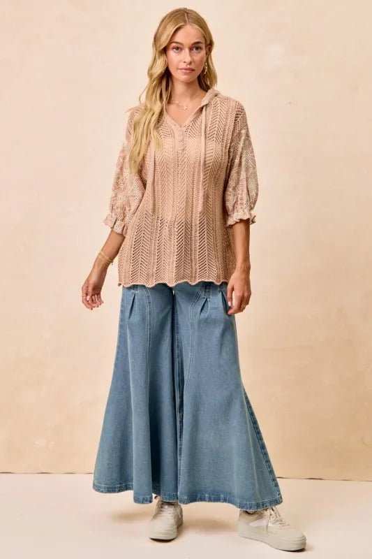 BiBi Jacquard Flower Puff Sleeve Hooded Knit Top - Trendsi - Flyclothing LLC