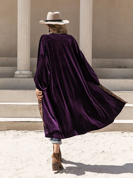 Embroidered Open Front Long Sleeve Cardigan - Trendsi