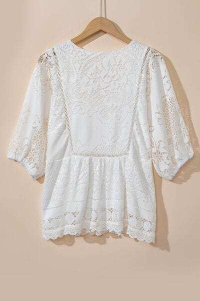 Lace Crochet Hollowed Scallop Hem V Neck Blouse - Trendsi - Flyclothing LLC