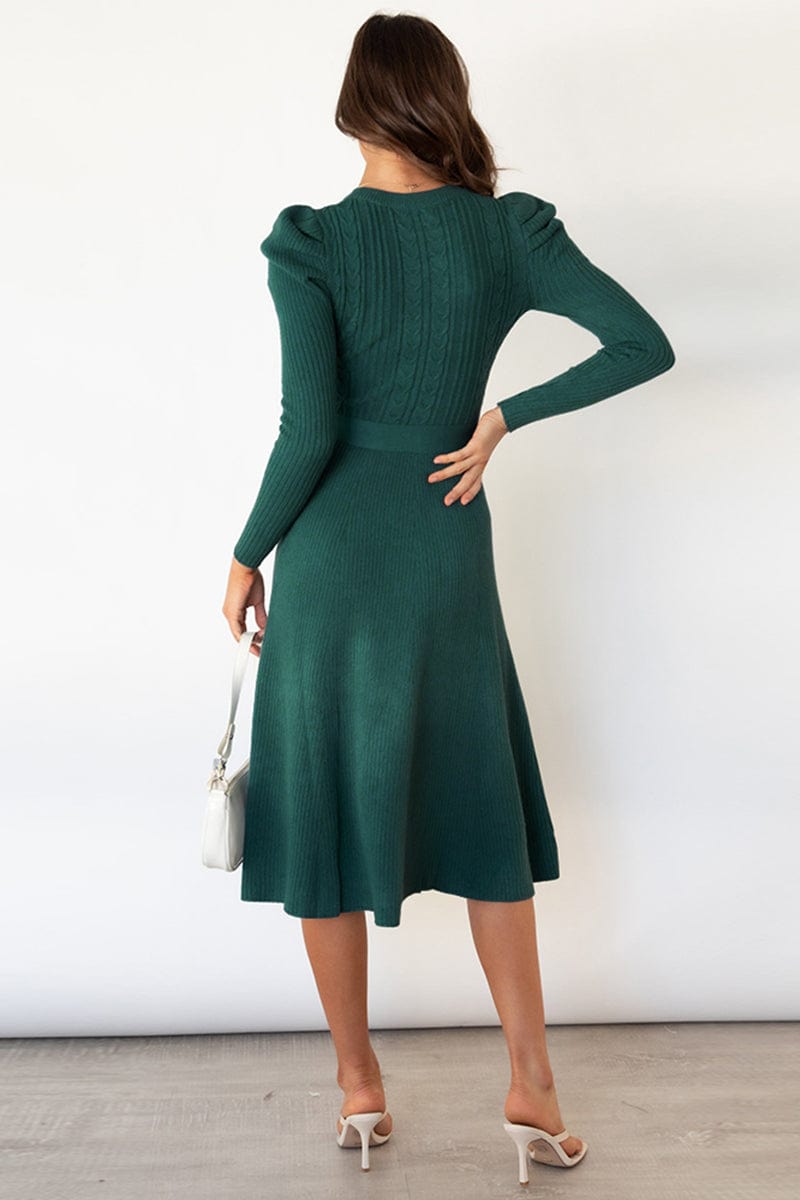 Round Neck Long Sleeve Tie Waist Sweater Dress - Trendsi