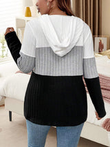 Plus Size Drawstring Color Block Long Sleeve Hooded Top - Trendsi - Flyclothing LLC