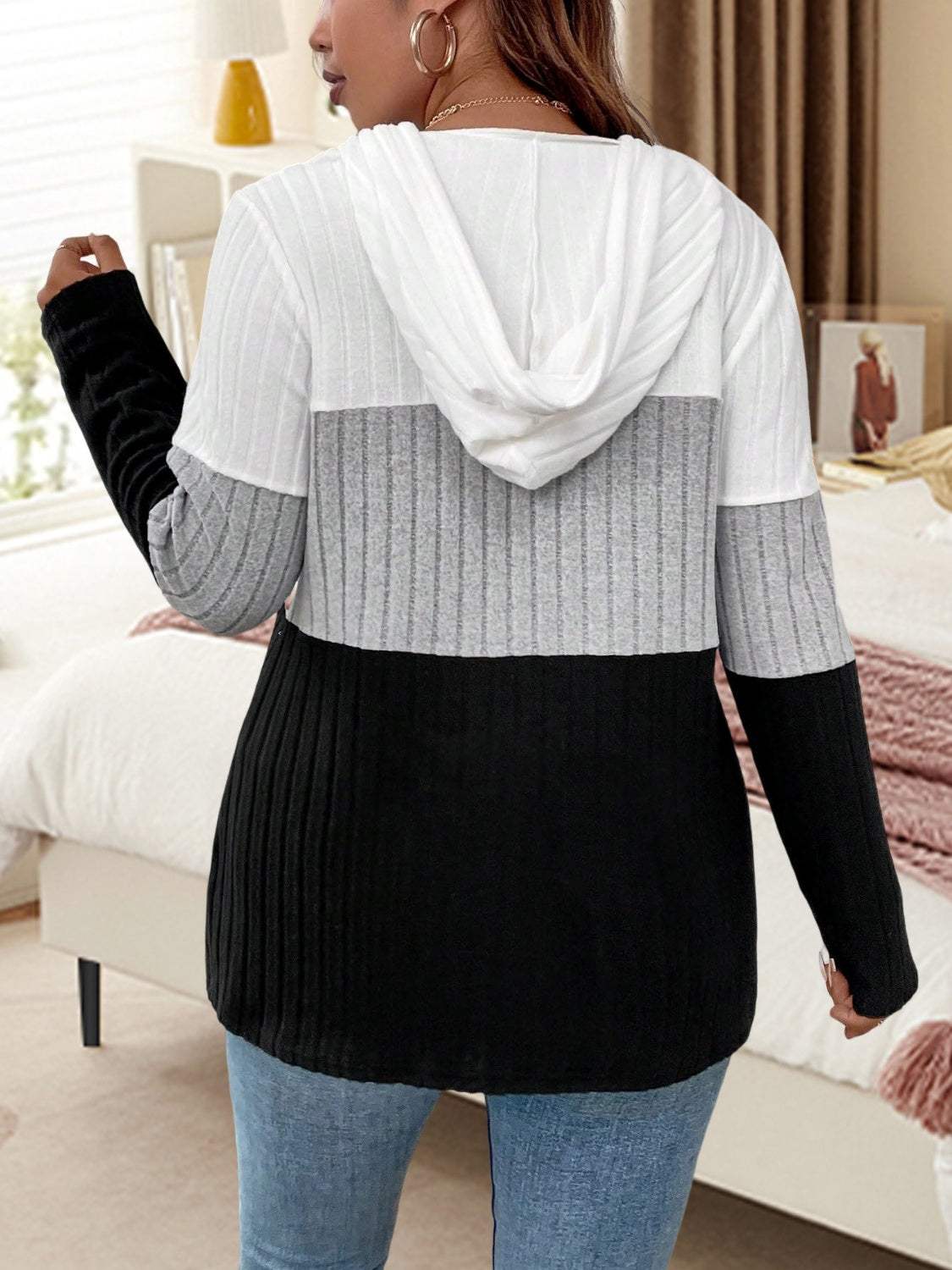 Plus Size Drawstring Color Block Long Sleeve Hooded Top - Trendsi - Flyclothing LLC