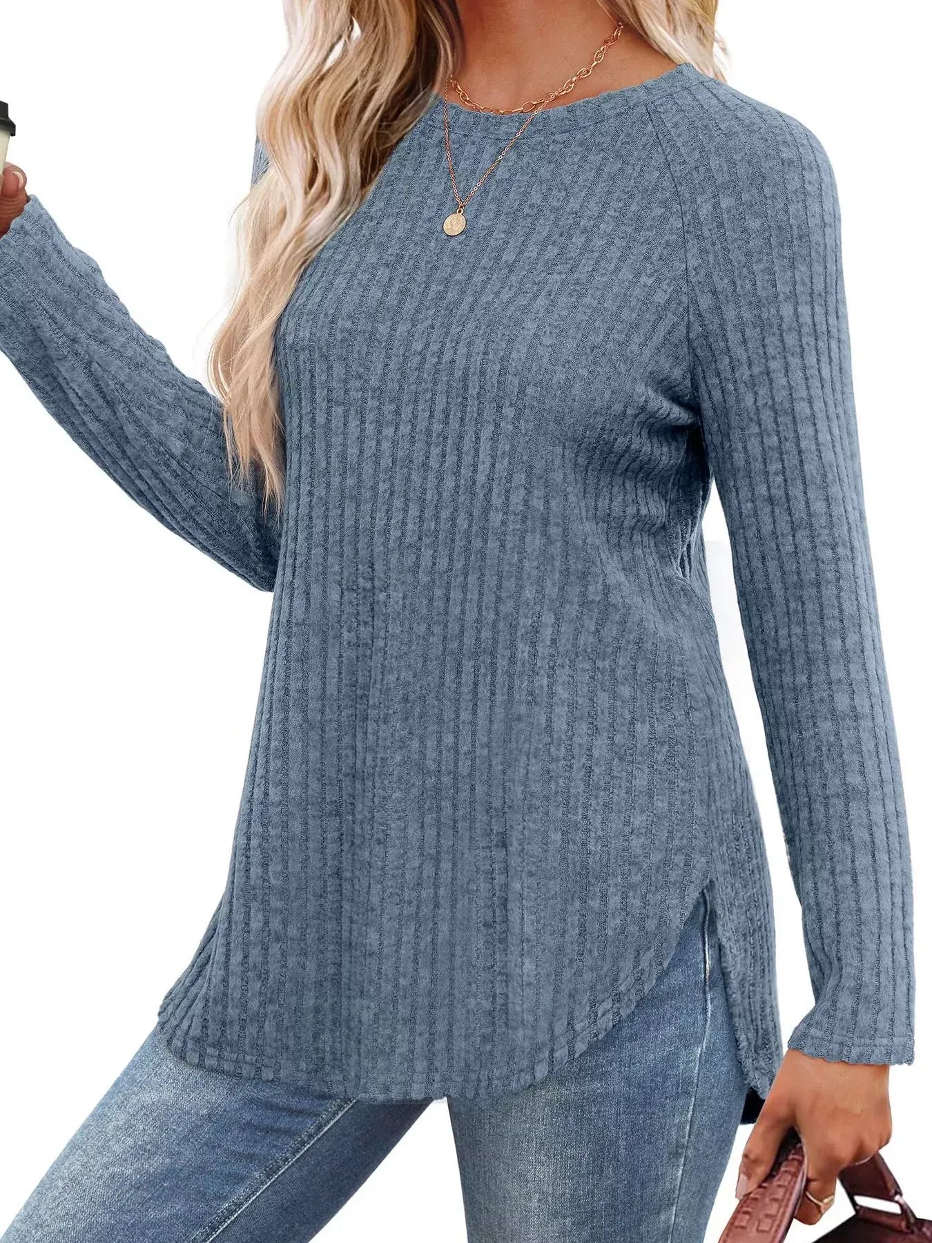 Ribbed Knit Long Sleeve T-Shirt - Trendsi - Flyclothing LLC
