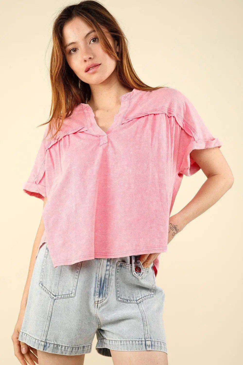 VERY J Nochted Short Sleeve Washed T-Shirt - Trendsi