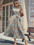 Perfee Tied Pleated Printed Mock Neck Long Sleeve Dress - Trendsi - Flyclothing LLC