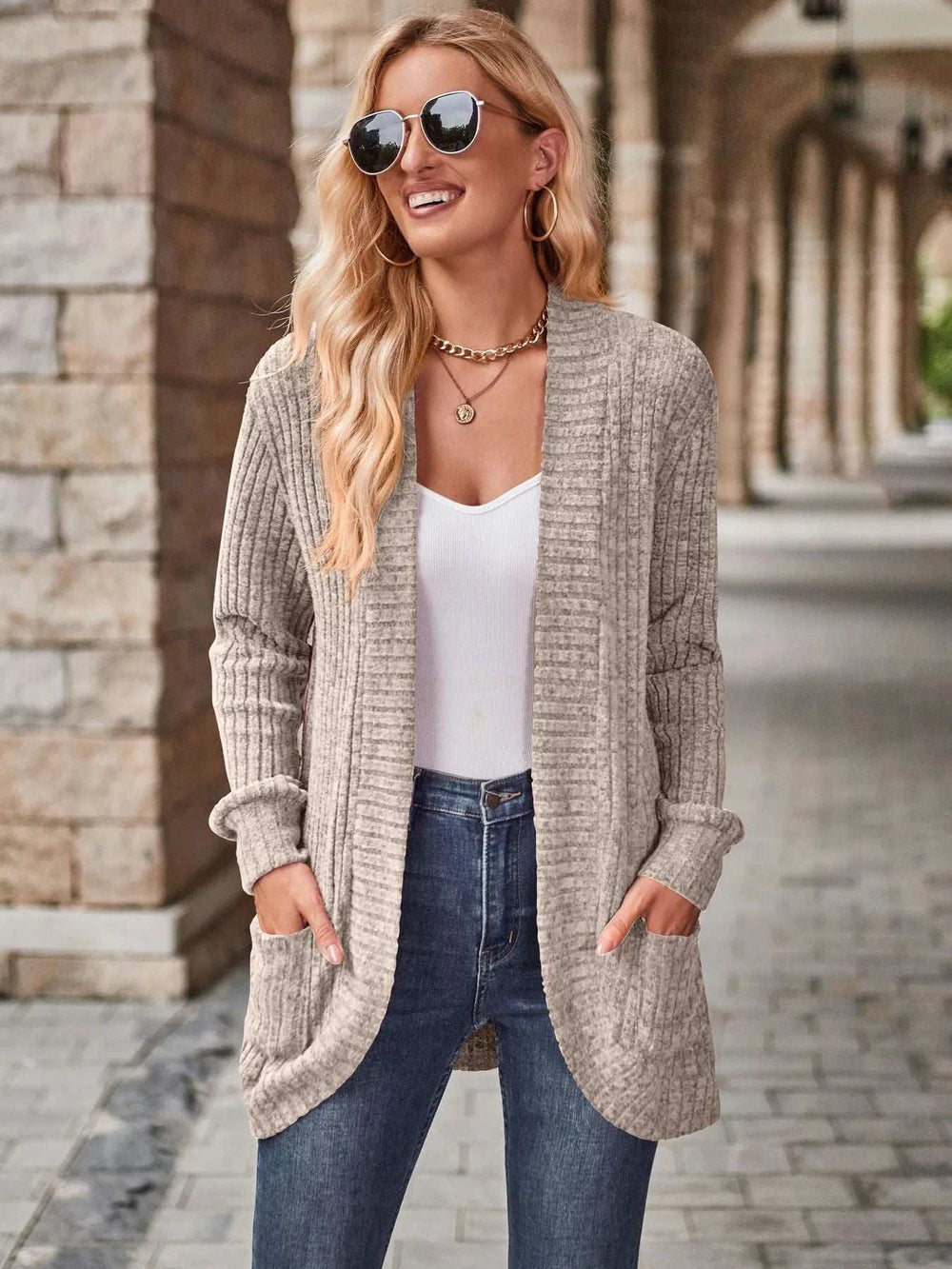 Ribbed Open Front Long Cardigan with Pockets - Trendsi - Flyclothing LLC