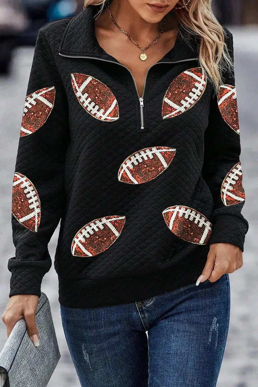 Sequin Football Long Sleeve Sweatshirt - Trendsi - Flyclothing LLC