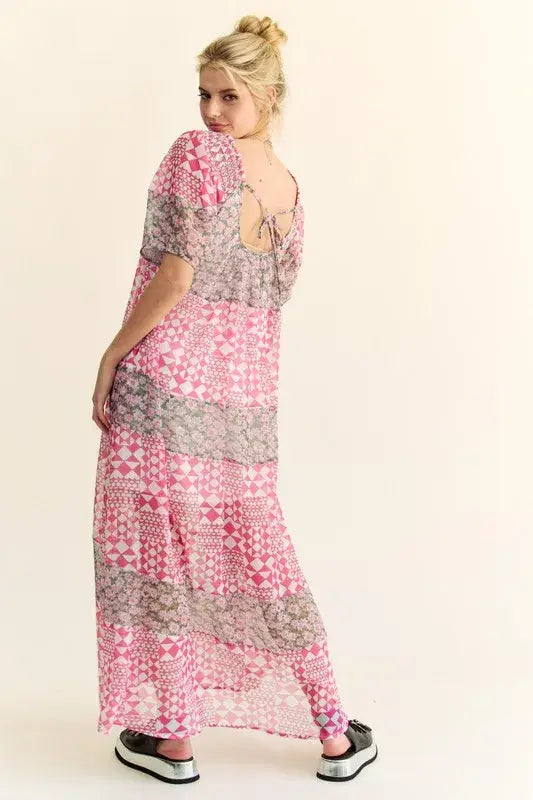 Davi & Dani Multi Floral Square Neck Puff Sleeve Maxi Dress - Trendsi - Flyclothing LLC