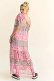Davi & Dani Multi Floral Square Neck Puff Sleeve Maxi Dress - Trendsi
