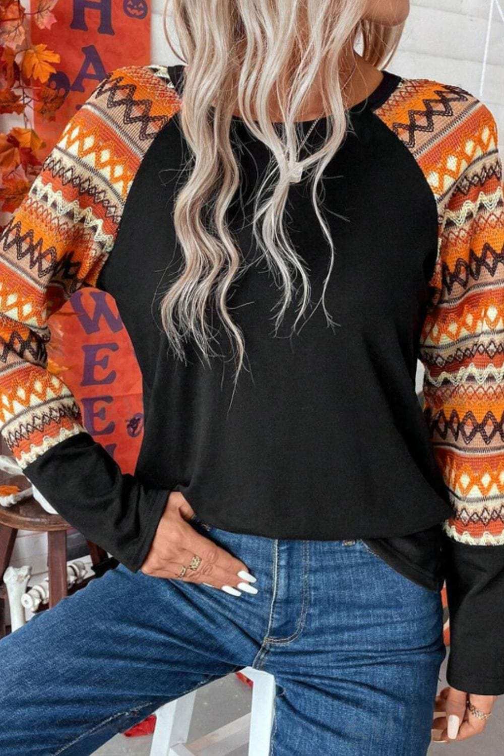 Printed Round Neck Raglan Sleeve Blouse - Trendsi - Flyclothing LLC