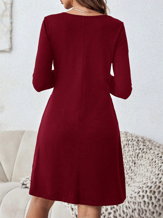 Round Neck Long Sleeve Mini Dress with Pockets - Trendsi
