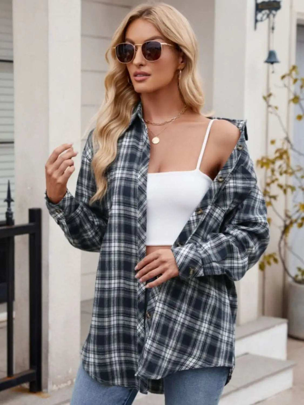 Pocketed Plaid Collared Neck Long Sleeve Shirt - Trendsi - Flyclothing LLC