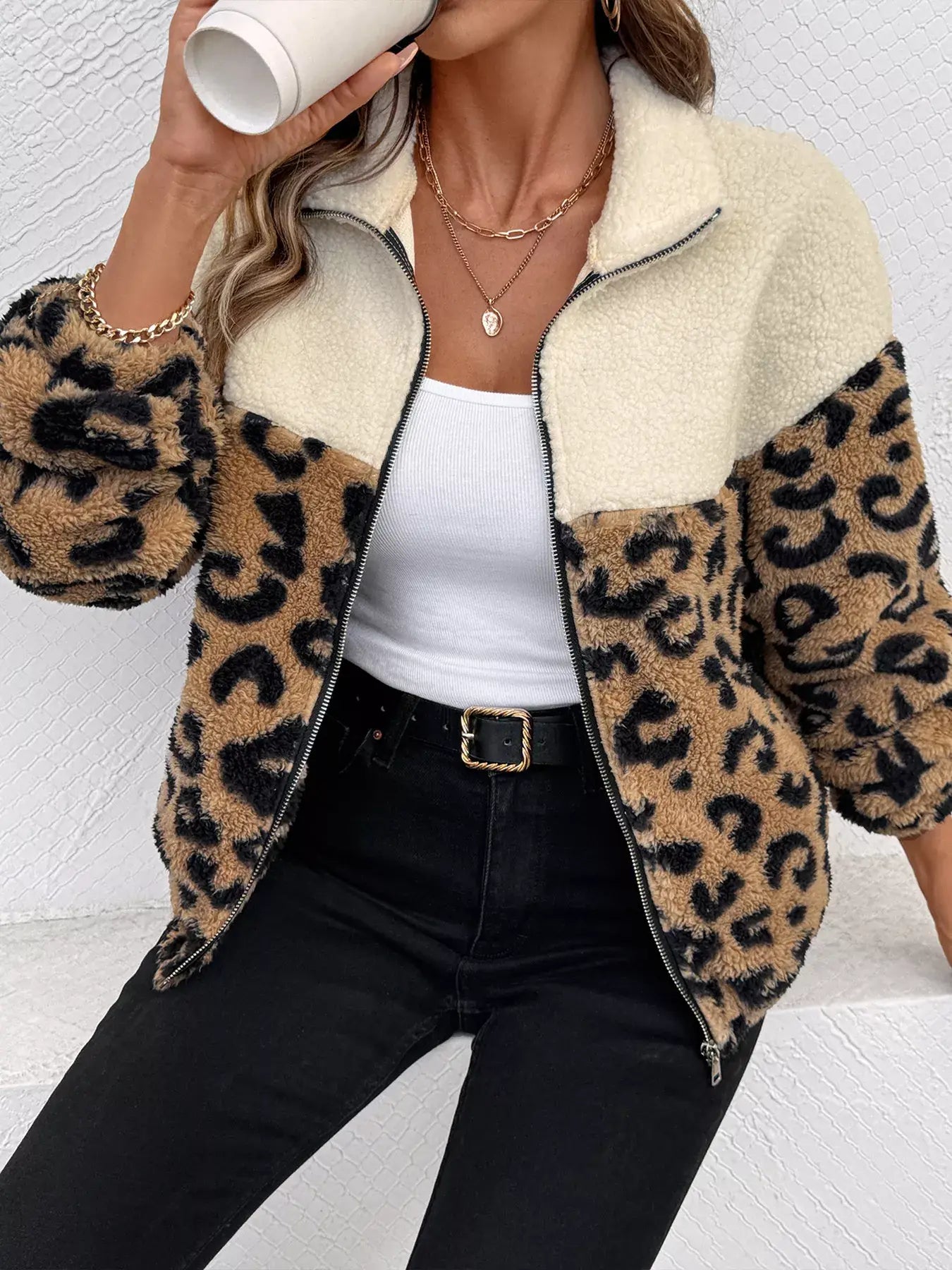 Leopard Zip Up Fleece Jacket - Trendsi - Flyclothing LLC