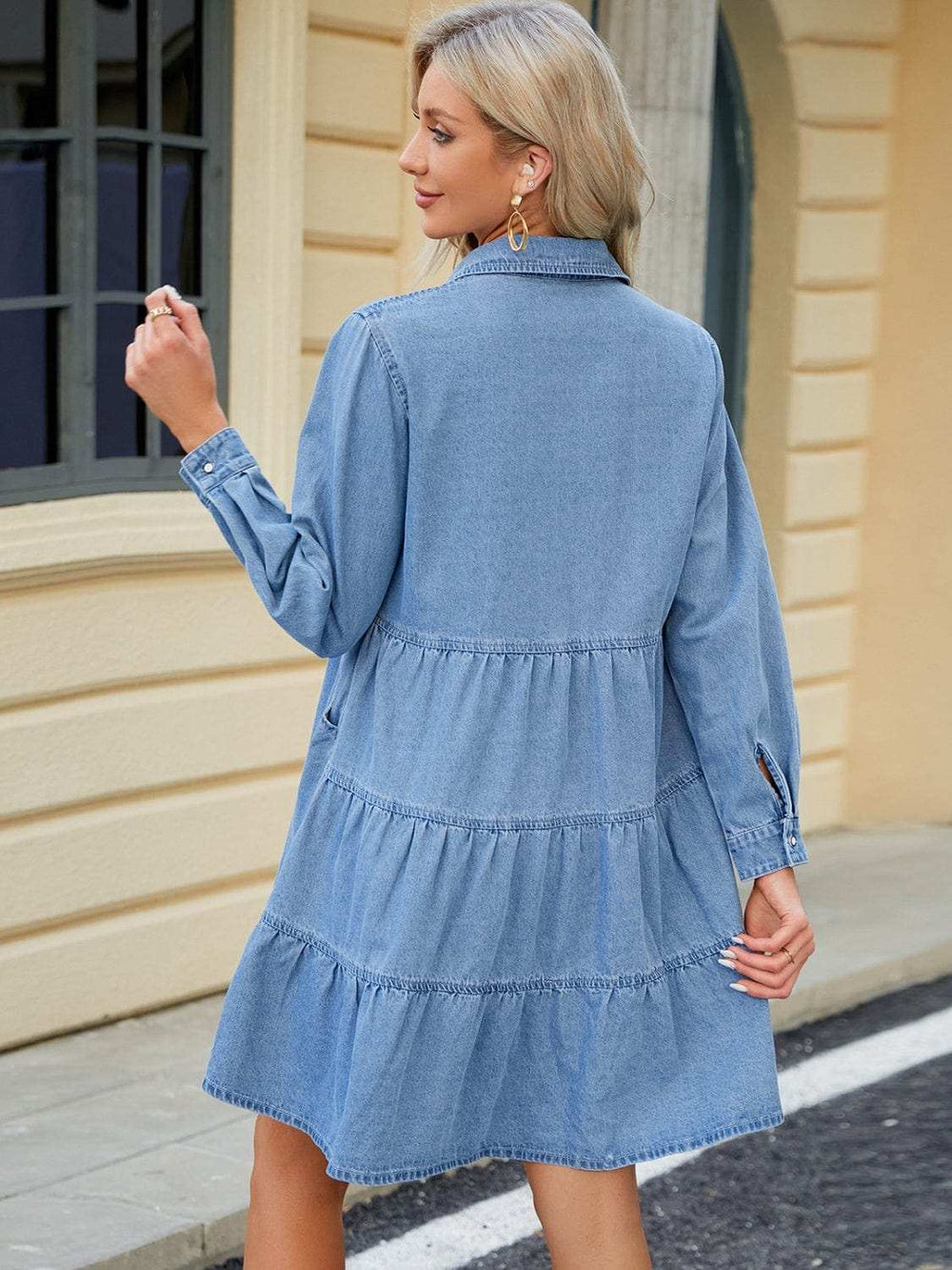 Tiered Button Up Long Sleeve Denim Dress - Trendsi - Flyclothing LLC