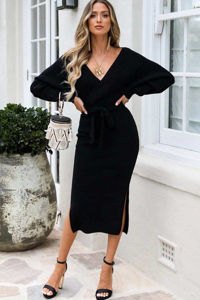 Surplice Neck Bow Waist Slit Sweater Dress - Trendsi - Flyclothing LLC
