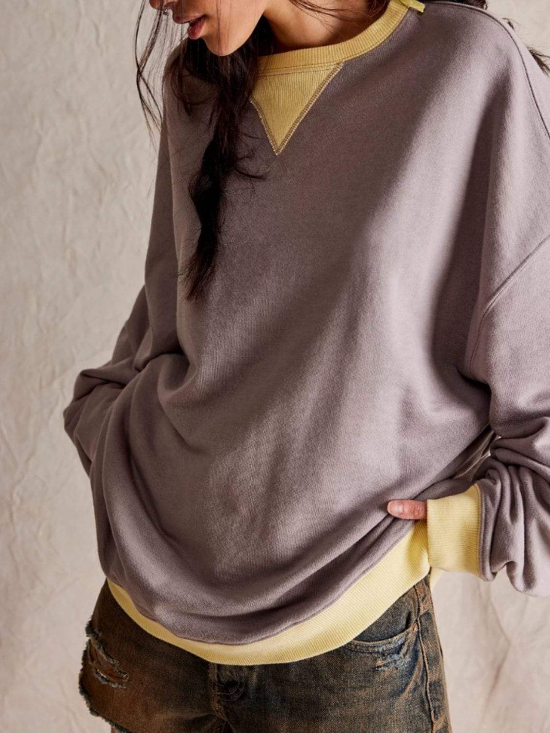 Contrast Trim Round Neck Long Sleeve Sweatshirt - Trendsi - Flyclothing LLC