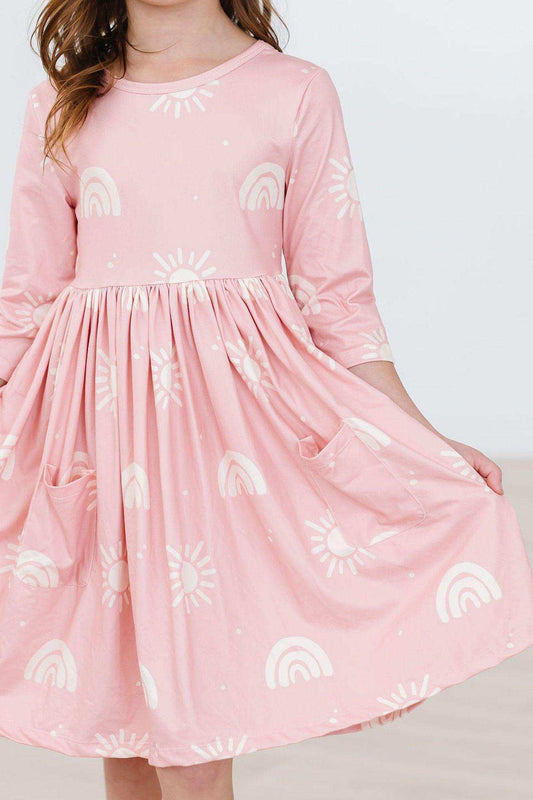 Soft Pink Suns 3/4 Sleeve Pocket Twirl Dress - Mila & Rose ® - Flyclothing LLC