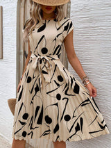 Tied Pleated Printed Cap Sleeve Dress - Trendsi - Flyclothing LLC
