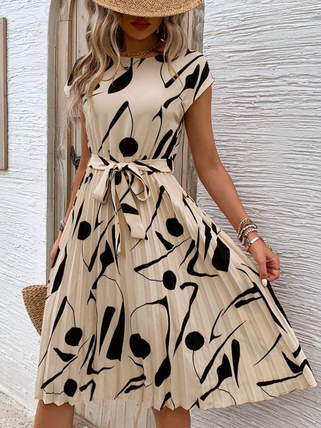 Tied Pleated Printed Cap Sleeve Dress - Trendsi - Flyclothing LLC