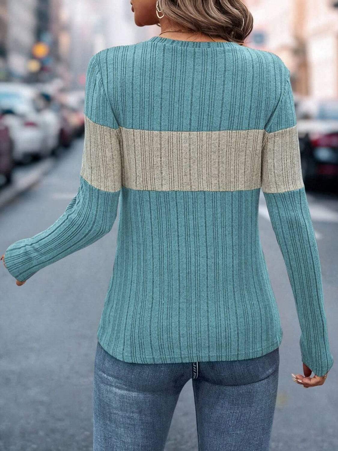 Color Block Round Neck Long Sleeve Top - Trendsi - Flyclothing LLC